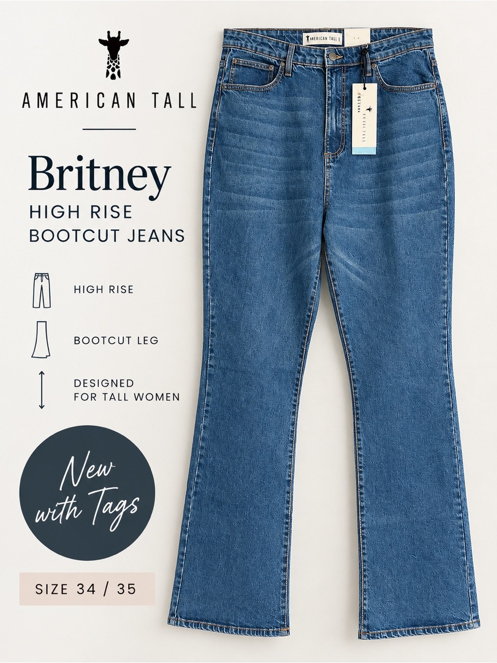 American Tall Britney High Rise Bootcut Jeans 34x35 Medium Wash NWT